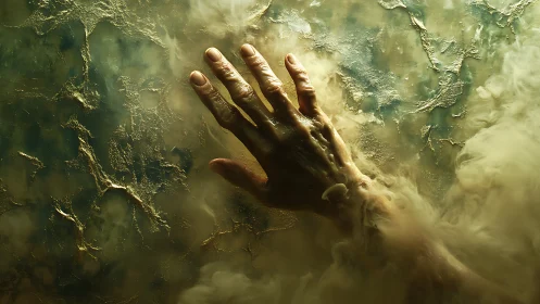Human hand reaches through swirling golden mist and shadow