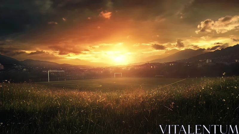Empty football field with sunset over distant hill town.