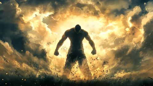 Colossal figure emerges from blazing clouds at golden dusk