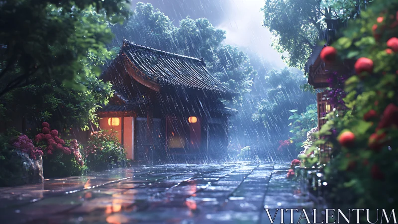 Lantern-lit temple courtyard glows under summer rainstorm.