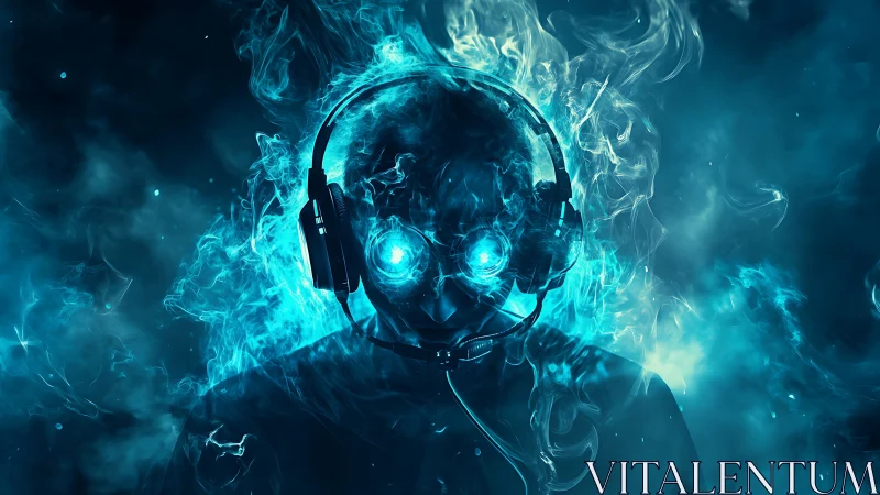 Cybernetic gamer silhouette burns through electric smoke.