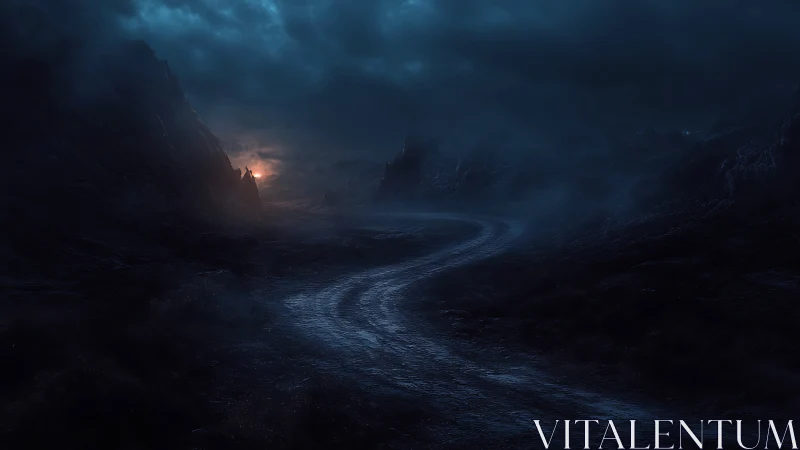 Winding wet road curves toward distant fiery mountain glow