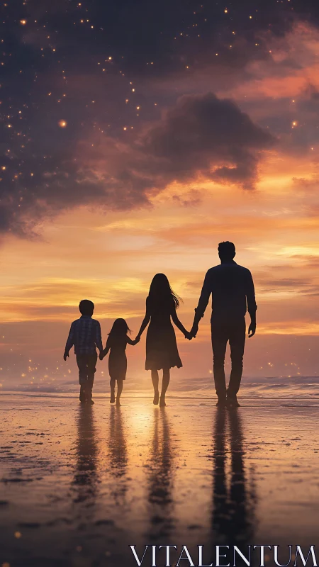 Golden hour family stroll glows under a dreamy starlit sky