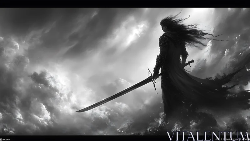 Dark warrior stands over storm clouds holding massive sword