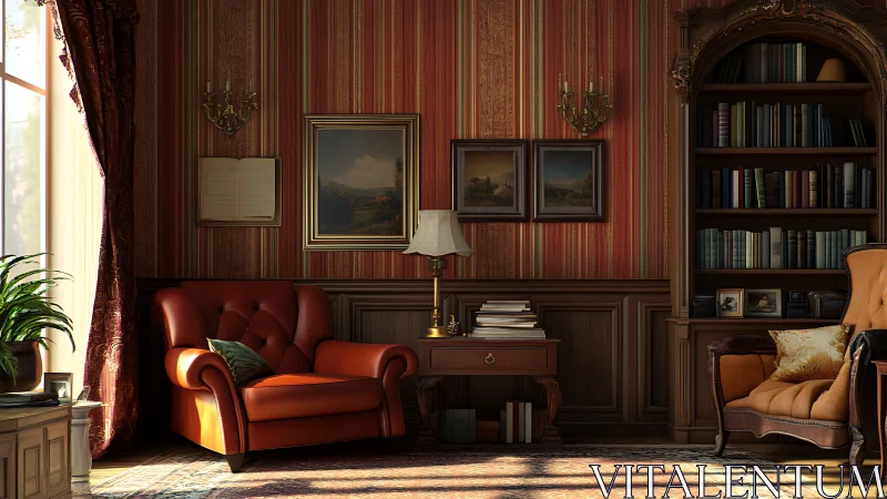 Elegant vintage reading lounge glows in warm afternoon light