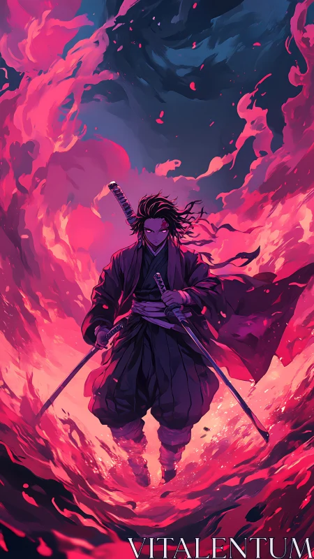 Calm samurai steps through swirling pink and violet fire.