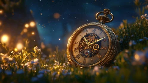 Gilded pocket watch glows with fireflies in a moonlit meadow.