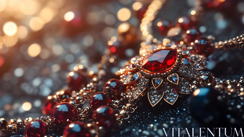 Ruby gemstone necklace with ornate gold and diamond setting.