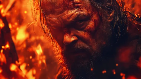 Battle-scarred warrior glares through swirling orange flames