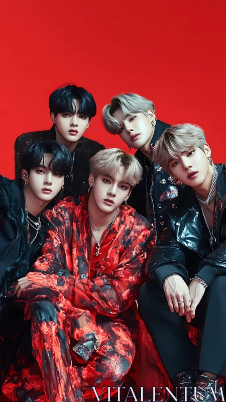 Stylish boy group poses in bold red and black fashion.