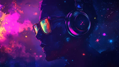 Nebula headphones and neon glasses score a cosmic playlist.