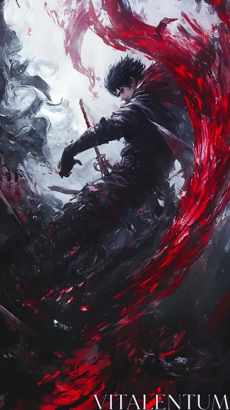 Dark swordsman wields red energy in chaotic battle scene.