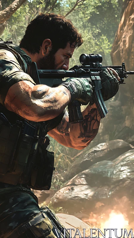 Jungle marksman braced in sunlight, muscle and muzzle poised.