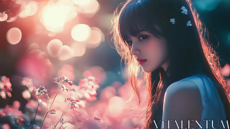 Digital portrait shows young woman in backlit floral setting