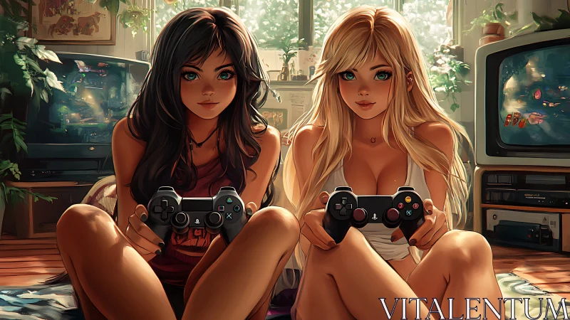 Two young women gaming with controllers in living room.