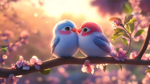 Two Tender Birds Embrace on Blooming Branch at Sunrise