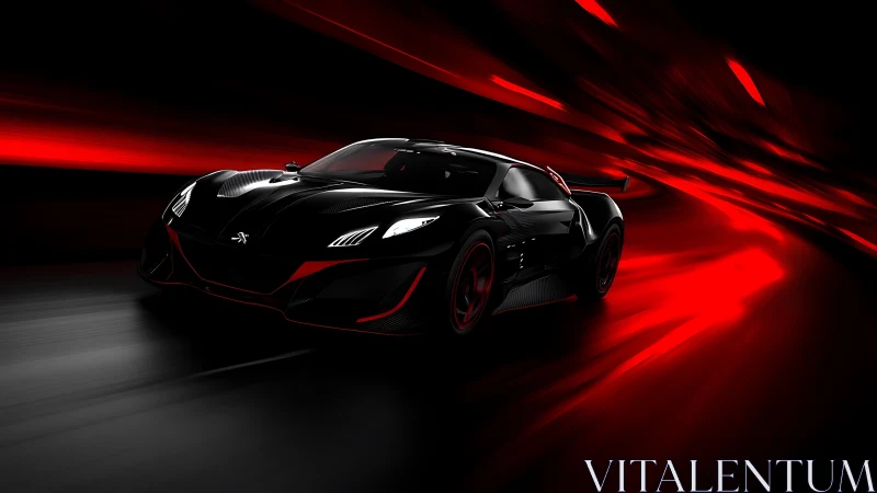 Sleek black supercar racing through glowing red night streets.