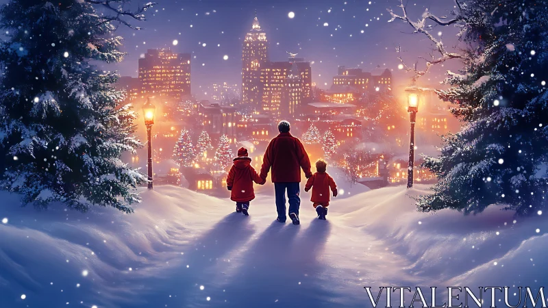 Snow-covered city overlook with family trio in warm backlighting