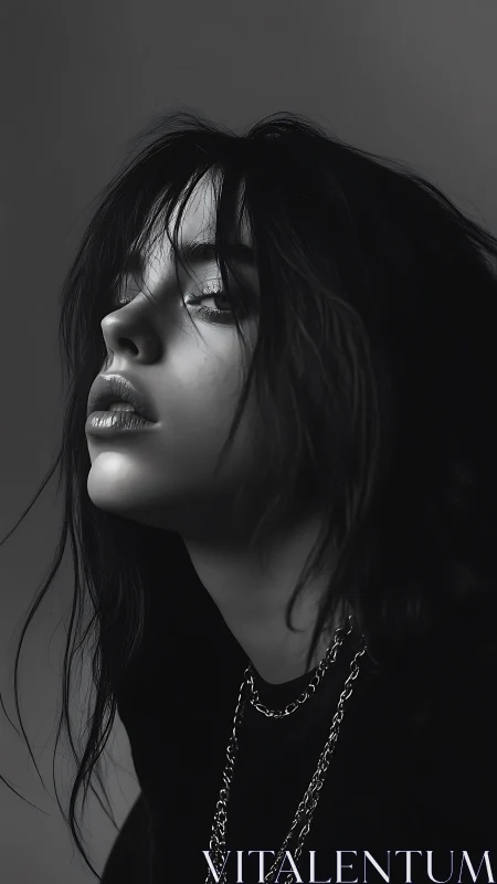 Monochrome portrait with side lighting and layered chains.