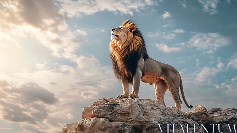 Majestic lion stands proud on sunlit rocky summit at dawn