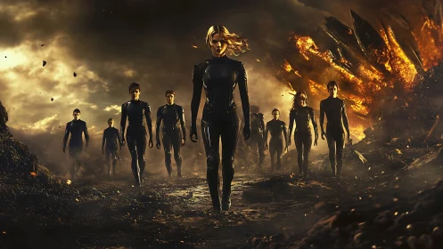 Futuristic squad walks from fiery explosion on wasteland.