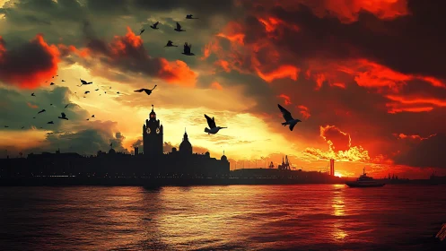City skyline and harbor under intense red sunset sky.