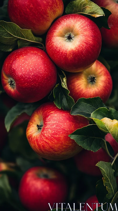 Ripe red apples hang on dense green branches in daylight.