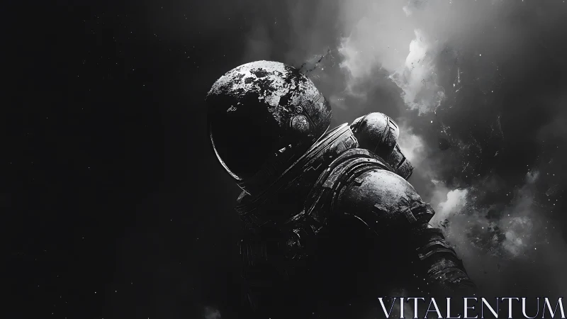 Weathered astronaut drifting alone in deep space.