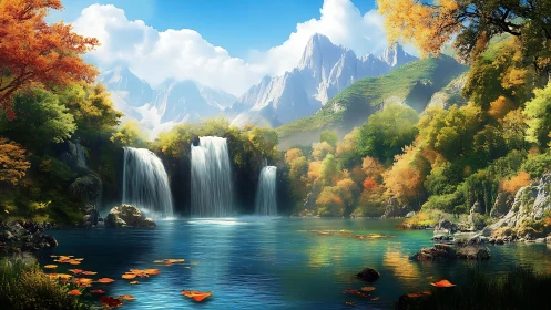 Mountain lake with waterfalls and bright autumn forest.