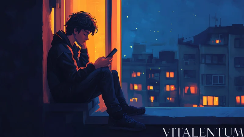 Teen on window ledge studies phone amid neon-lit night city