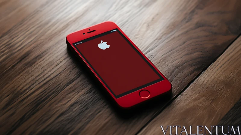 Red iPhone displayed on wooden surface with illuminated Apple logo.