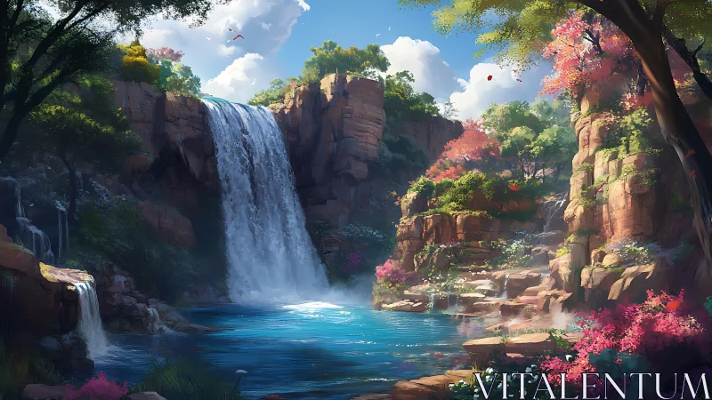 Waterfall daydream lagoon under storybook spring skies.