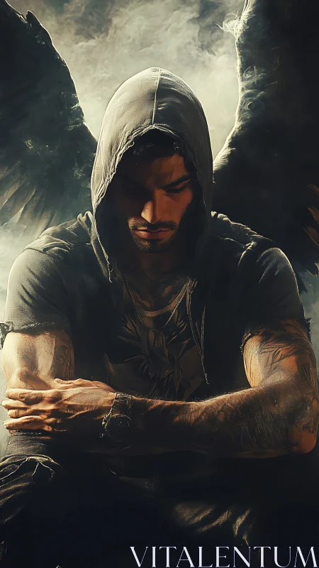 Brooding street angel rests in a storm of shadows and light.