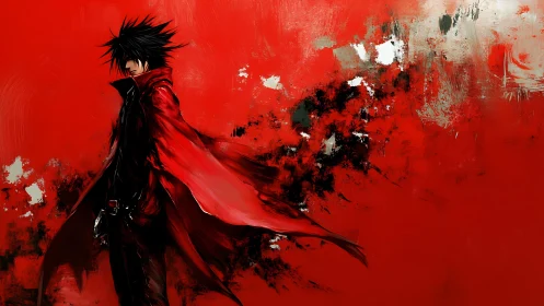 Crimson-coated wanderer slicing through a storm of abstract flame.