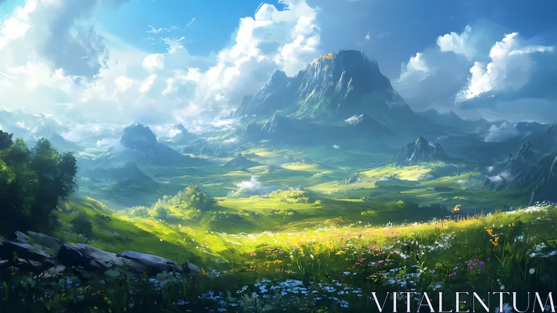 Sunlit alpine valley beneath towering emerald peaks.