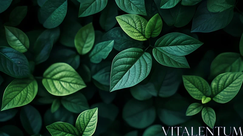 Overhead close-up of layered green foliage on dark background.