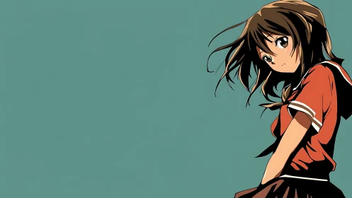 Side-profile anime schoolgirl on teal minimalist background.
