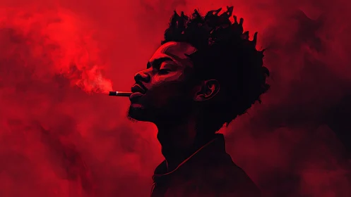 Profile portrait in red haze isolates smoker in moody chiaroscuro