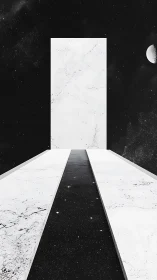 Monolithic white portal rises over cosmic marble causeway