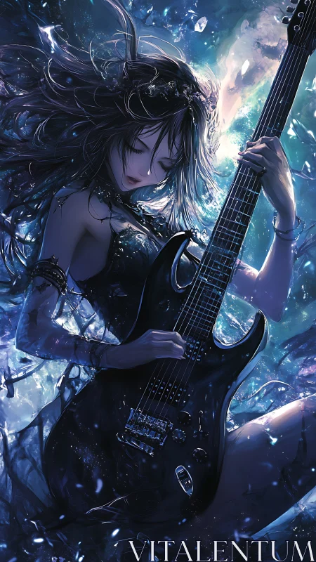 Dynamic anime guitarist rendered in high-contrast luminescent shards