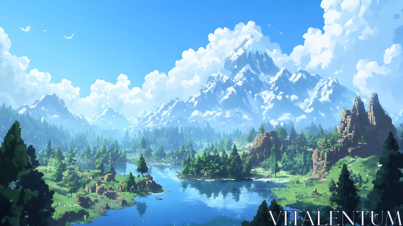 Skybright valley beneath storybook mountains and mirrored lake.