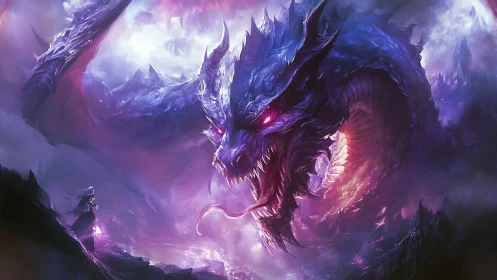Sorcerer confronts colossal void dragon amid violet storm.