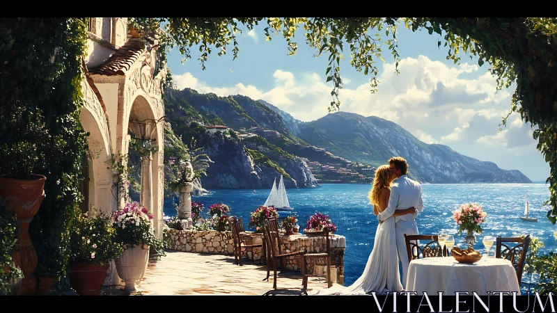 Coastal terrace scene with couple, mountains and sailboats.