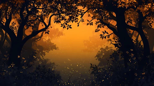 Forest canopy silhouetted against golden sky.