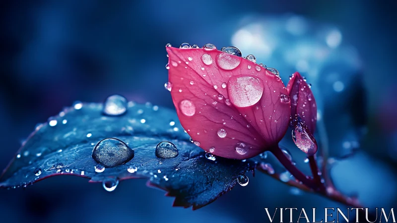 Crimson leaf macro with crystal raindrops on cyan foliage.