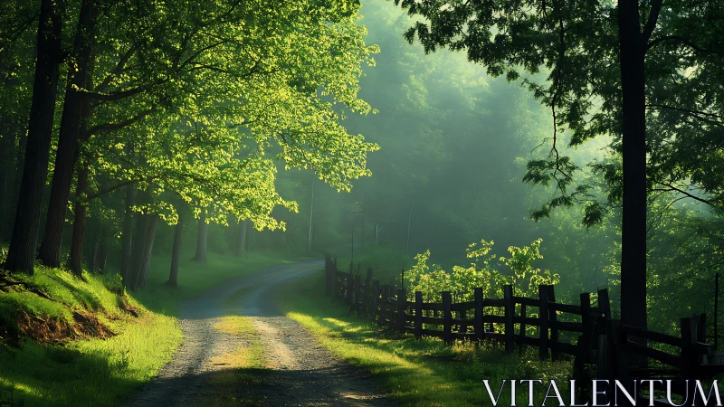 Sunlit forest pathway with wooden fence and morning mist