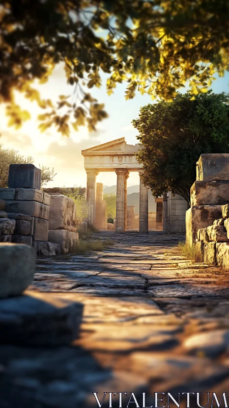Golden hour walk toward peaceful ancient stone temple ruins.