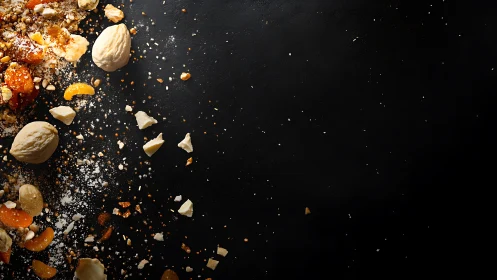 Assorted nuts and crumbs scattered on dark background.