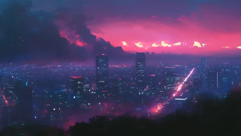 Neon skyline glows beneath a vivid magenta stormfront