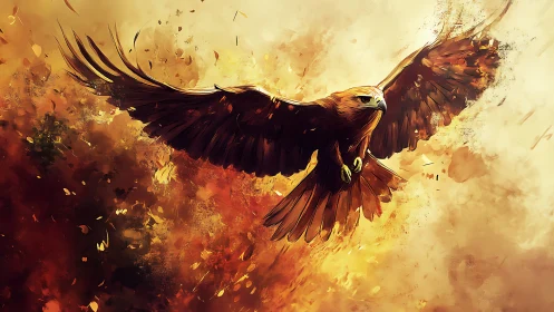Majestic Eagle in Flight Over Fiery Abstract Background, Digital Art.